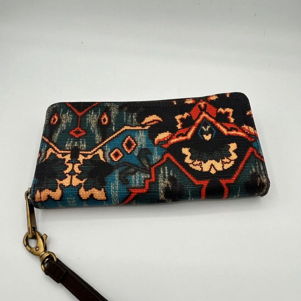 Fossil Logan Zip Around Wristlet Wallet Ikat Geometric Kilim Navy Orange Teal
